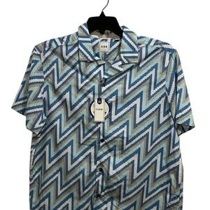 ROWM‎ Blue Sirena Zig Zag Print Short Sleeve Button Up Shirt